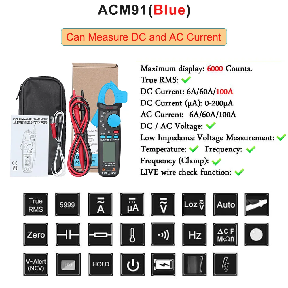 Цифровой мини зажим BSIDE ACM91 тестер с функцией True RMS Амперметр для ремонта