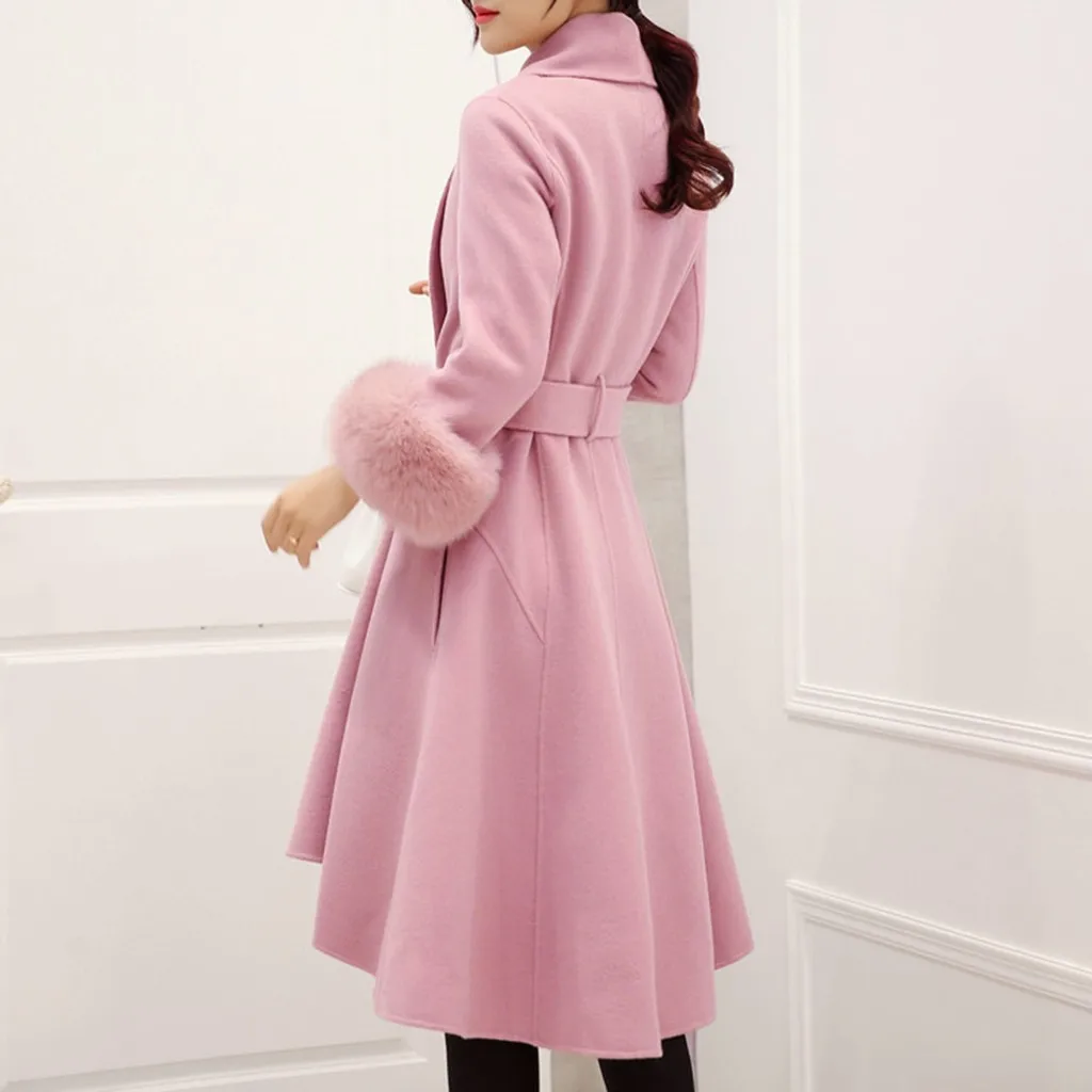 Женское шерстяное пальто размера плюс 4XL зимнее однотонное пальто с поясом и длинным меховым рукавом кашемировое шерстяное зимнее пальто