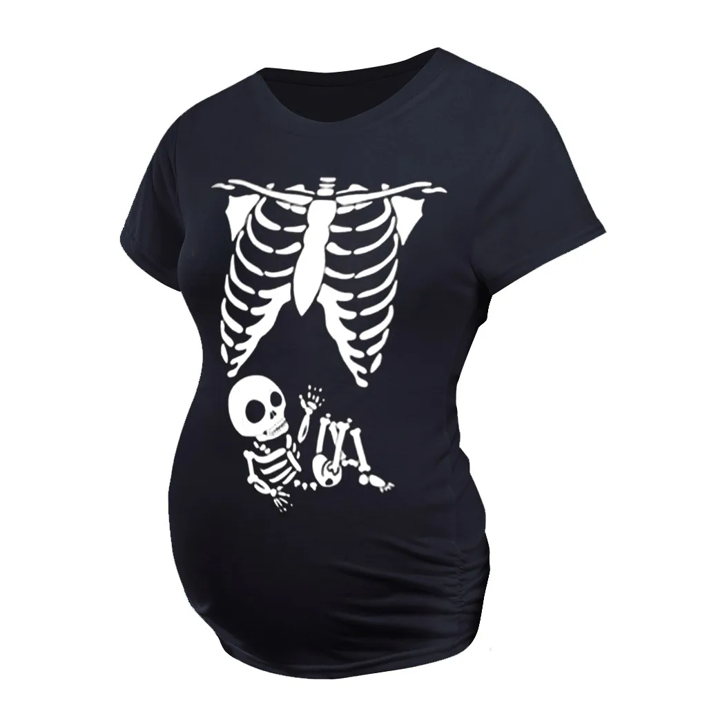 Halloween Women Maternity Clothes Pregnancy Short Sleeve Cartoon Baby Skull Pregnant T-shirt Top Embarazada Casual Cotton Blouse