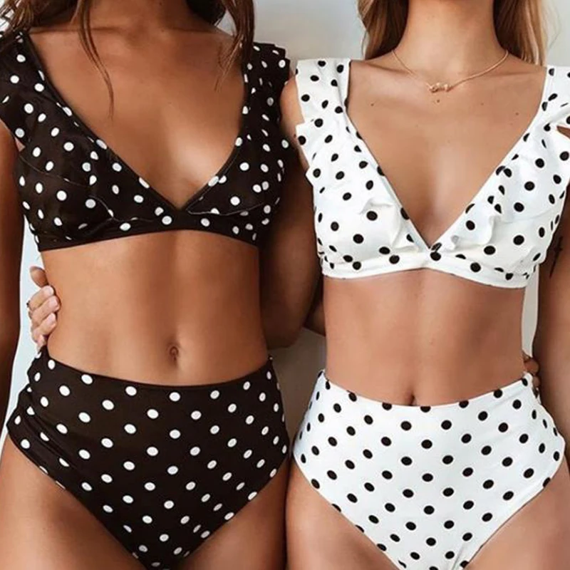 Гофрированный Глубокий V бикини Черно-белый Polkadot сексуальный купальник с принтом