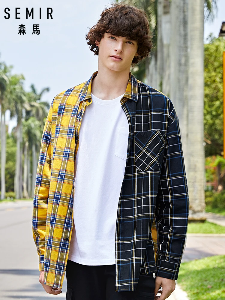

SEMIR Long sleeve shirt men 2019 autumn new Hong Kong style loose casual shirt Korean version stitching personality inch shirt t
