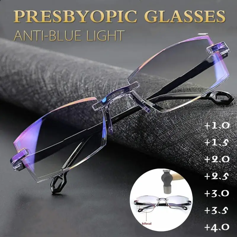 2021 men women rimless reading glasses anti blue light bifocal far near magnification eyewear presbyopic glasses +150 +200