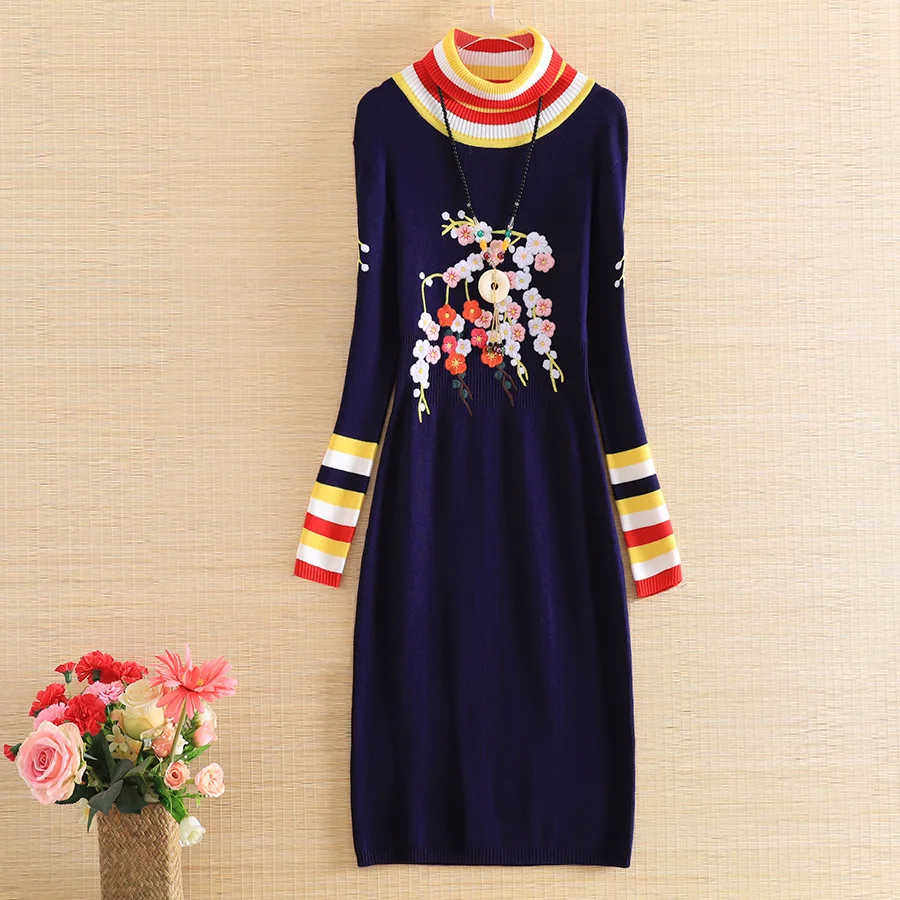 Высококачественное осенне зимнее женское платье с винтажной вышивкой цветастое