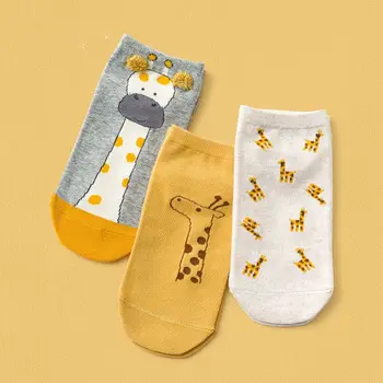 

3 Pairs Women Girls Summer Low Cut Cotton Boat Socks Cartoon Forest Deer Giraffe Animal Print Invisible Short Hosiery