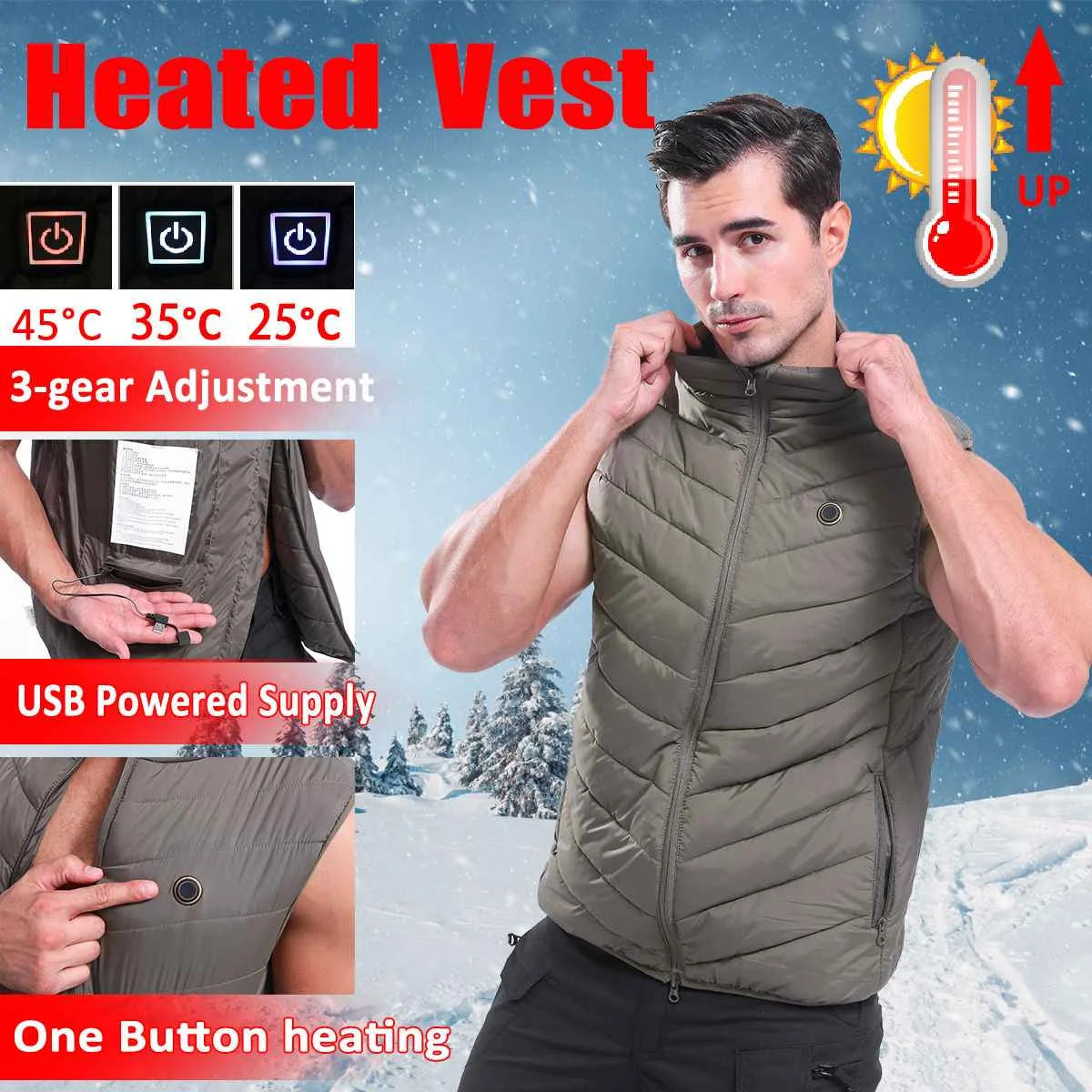 

ArmyGreen Men Women Outdoor 3 Speed Thermostat USB Infrared Heating Vest Jacket Winter Electric Thermal Warm Clothing Waistcoat