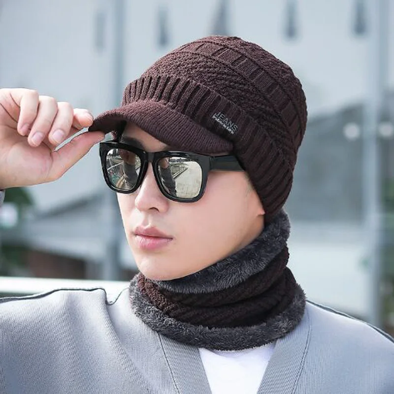 XEONGKVI Korean Winter Warm Duck tongue Knitted Cap Scarf Two-piece Set Brand Skullies Beanies Pompom Men Woolen Hat
