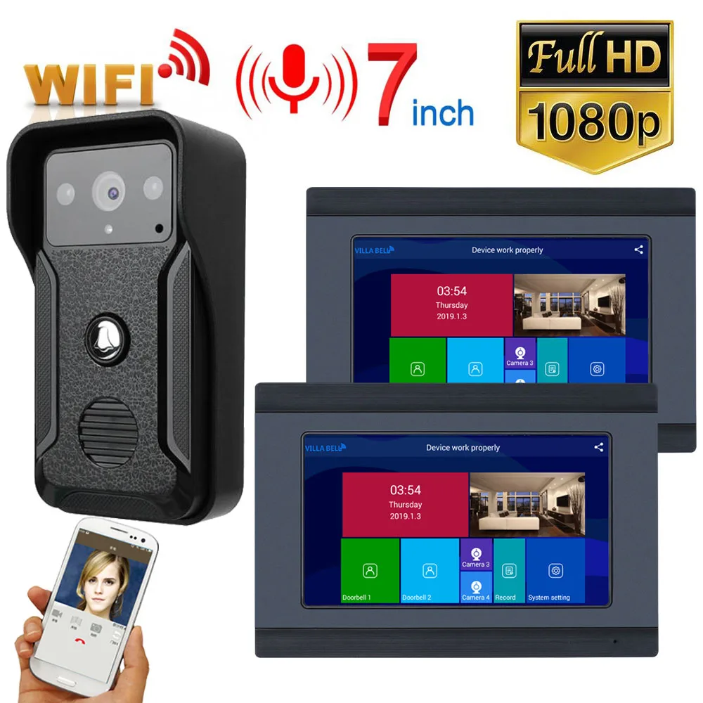 1080P 7 Inch Wireless/WIFI Smart IP Video Door phone Doorbell Intercom System with 3 Night Vision Monitor + 2 Camera