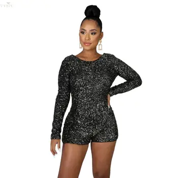 

Fashion Skinny Women Playsuit O-neck Full Sleeve Sequined Sexy Jumpsuit Women Romper Backless Night Club One Piece Club Outfits