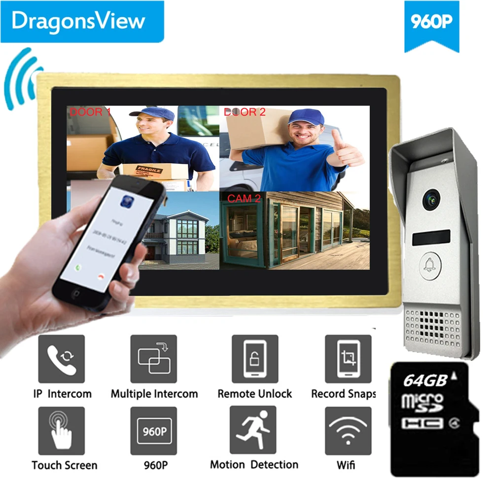 Dragonsview 10 дюймов Большой экран Wifi беспроводной видео домофон дверной звонок