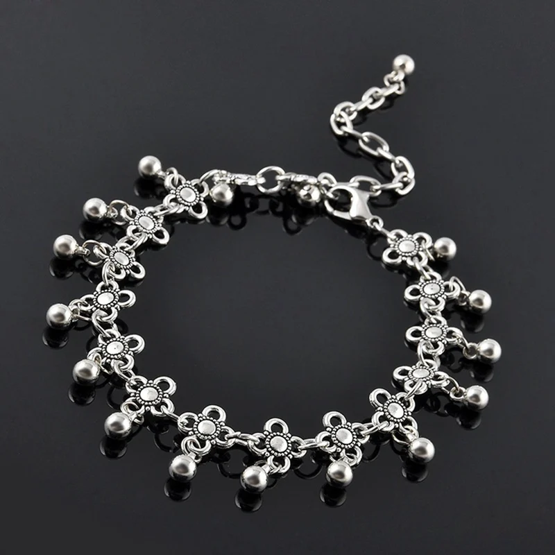 1 Piece Boho Anklets Hollow Carved Clover Anklet Water Drop Tassel Bell Ankle Bracelet Plated Silver Anklets Indian For Women