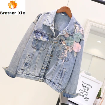 

Vintage 2020 Flower Beading Long Sleeve Women Deinm Jacket Coat Casaco Feminino Autumn Women Bomber Jacket Coat Jaqueta Feminina