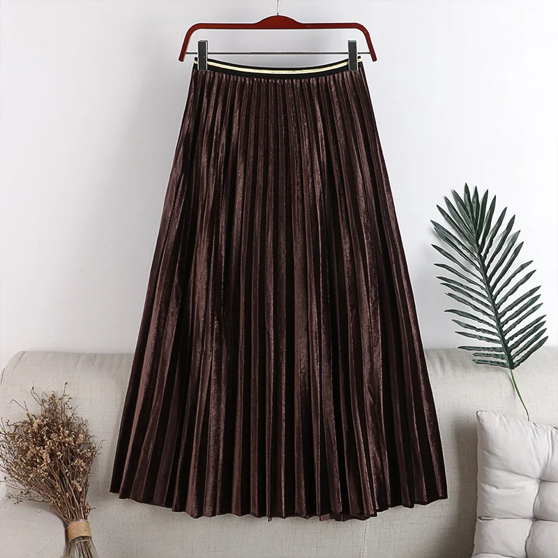

Skirts Womens Velvet 2020 New Autumn Winter Woman Pleated Skirts Golden Waistband Large Swing Midi Skirts Faldas Saias Mulher