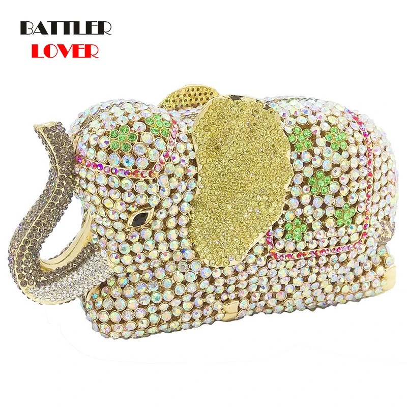 Bags for Women Elegance 3D Elephant Shape Gold Crystal Women Evening Handbag and Purse Metal Wedding Prom Minaudiere Clutch Bag