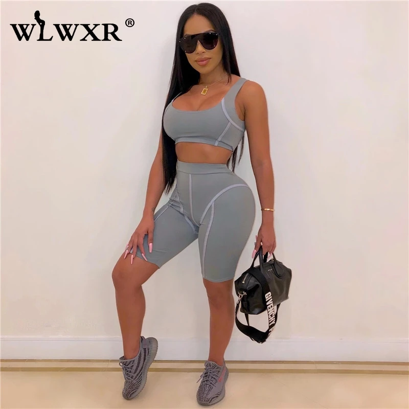 

WLWXR Casual Two Piece Set Women Sweat suit Crop Top Biker Shorts Set Women Outfits Ladies Tracksuit Female Summer Matching Sets