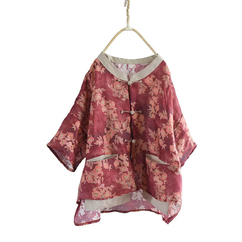 Women Loose Printed Linen Blouse Female Single Breasted Shirt Tops Female Vintage Flax Shirts 2020 Summer 4