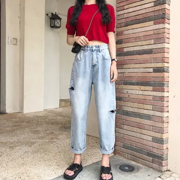 

Women Casual Loose Pants High Waist Jeans Pants Ankle-length Denim Pants