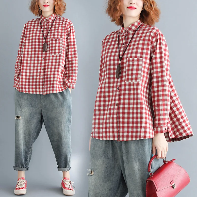 

2019 Spring And Summer Literature And Art Korean-style Large Size Loose Casual Fat Mm Plaid Printed Long-sleeved Shirt WOMEN'S D