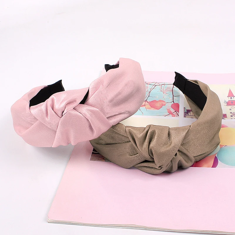 1Pcs Bright Color Satin Cross Knotted Wide Headband For Women Korean Soft Hairband Head Hoop Turban Girls Cute Hair Accessories