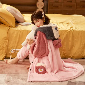 

Winter New Thicken 2PCS Flannel Pajamas Set Sexy Hooded Print Cartoon Pocket Pyjamas Loose Women Sleepwear Intimate Home Clothes