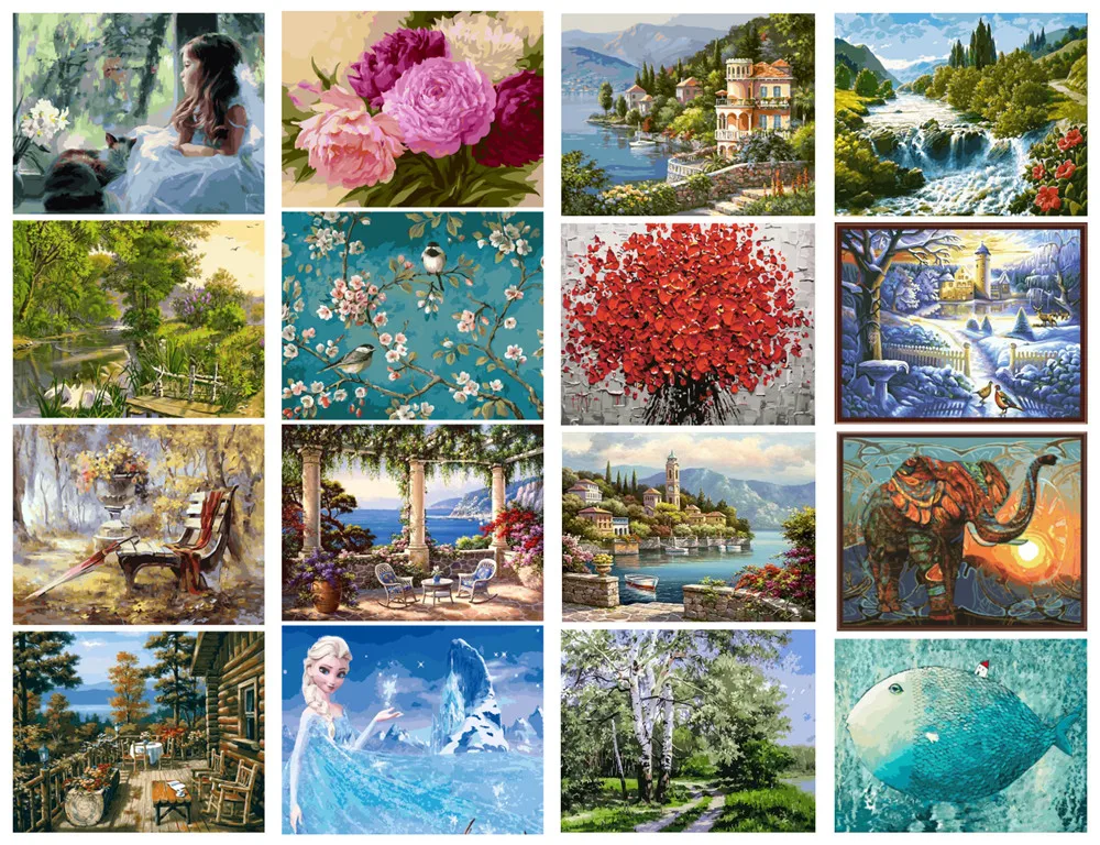

Frameless Canvas diy oil painting Landscape house flowers acrylic paint wall painting from the digital unique gifts Home decor