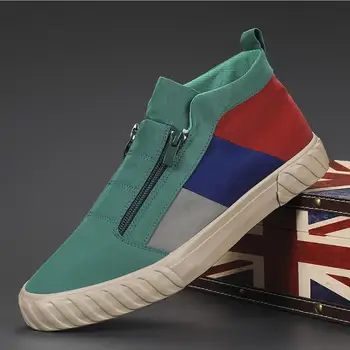 

2020 Fashion Side zip Men's Vulcanize Shoes Spring Autumn New Breathable Men's Mid-Top Sneakers Korean Mixed Color Canvas Shoes