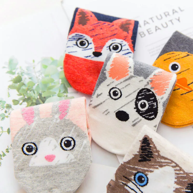 5 Pairs/lot Cute Harajuku Animal Socks Women Breatable Korean Cat Fox ...