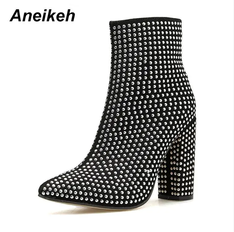 Aneikeh/Новинка года; пикантные Демисезонные ботильоны «Челси» с блестящими кристаллами; женские ботинки с острым носком; квадратный каблук; Размеры 35-42 - Цвет: black