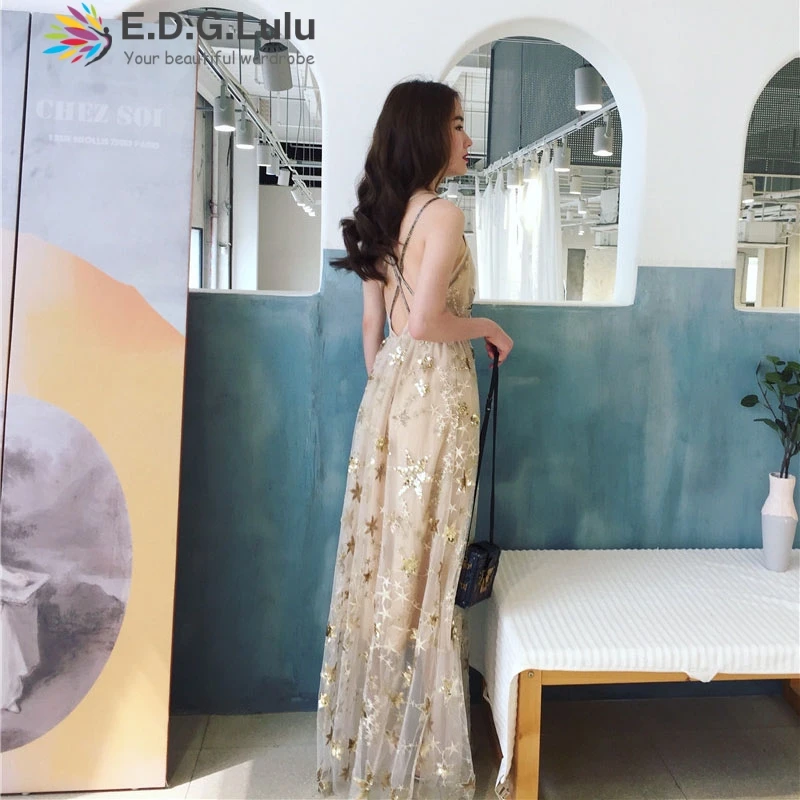 EDGLuLu, винтажное, сексуальное, элегантное, на бретелях, без бретелек, звезда, блестки, платье макси, платья для женщин, с открытой спиной, вечерние платья для женщин