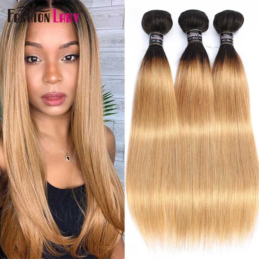 FASHION LADY Pre-Colored Brazilian Straight Hair Human Hair Weave 1B/27 Ombre Human Hair Bundles 3/4 Bundle Per Pack Non-Remy