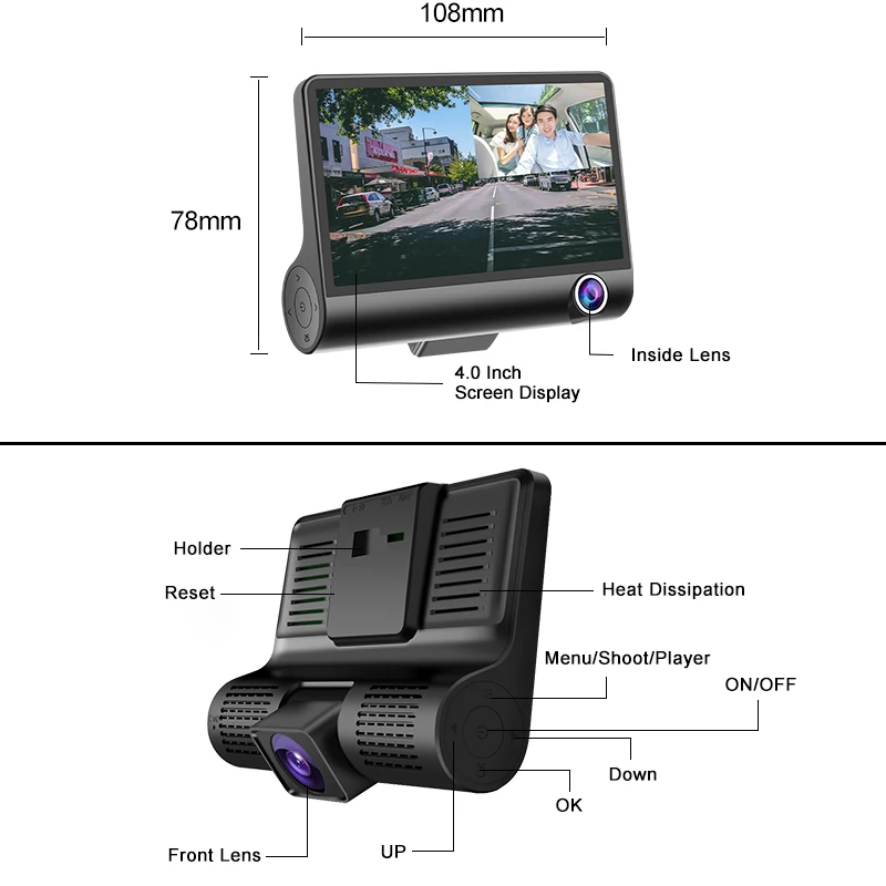 Skup E ACE B28 wideorejestrator samochodowy kamera na deskę rozdzielczą 4.0 Cal wideorejestrator kamera samochodowa 3 obiektyw aparatu z widokiem z tyłu kamera rejestrator Dashcam rejestratorów