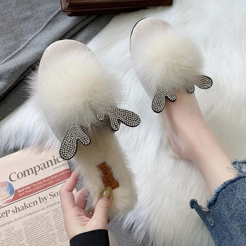 

Shoes Woman 2019 Luxury Slides Slippers Fur Lady Cover Toe New Designer Plush Girl Flat Soft Basic Autumn Fabric with