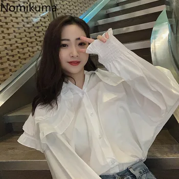 

Nomikuma 2020 Spring Retro Peter Pan Collar Blouse Single Breasted Long Sleeve Women Shirt Sweet Ruffle White Blusas Femme 3Z321