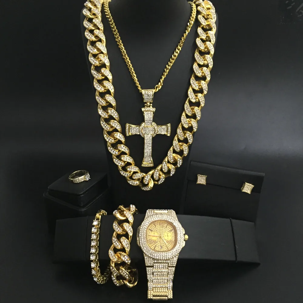 Роскошные мужские золотые часы, часы в стиле хип-хоп, ожерелье, кулон, браслет, кольцо и серьги, комбинированный набор, кубинские украшения, набор для мужчин