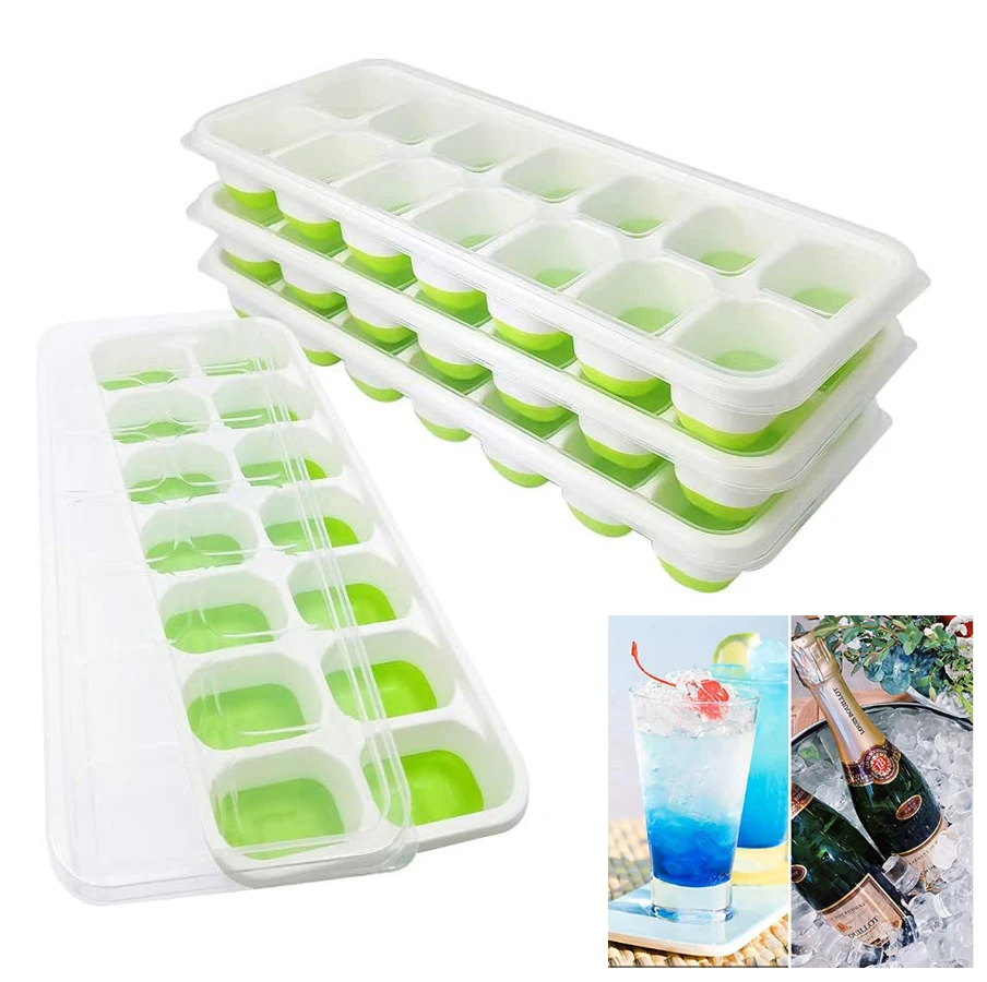 14 Grids Ice Cube Trays Easy-Release Silicone and Flexible Ice Cube Maker with Spill-Resistant Removable Lid BPA Free for Wine