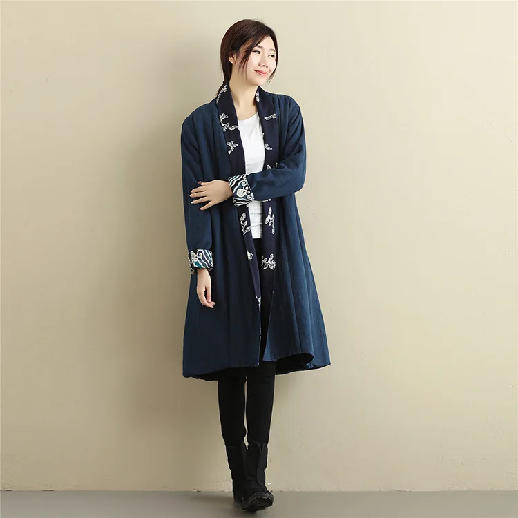 

2019 Winter New Style plus Velvet Spell Dragon Design Mantle Women's Cotton Print Warm plus Velvet Trench Coat Style Retro Cotto