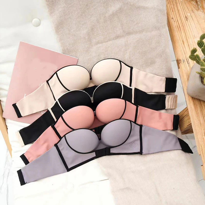

1 Pc Women Push Up Bra Nylon Pure Color Three Quarters Strapless Sexy Wire Free Front Buckle Fashion Ladies One Shoulder Bra