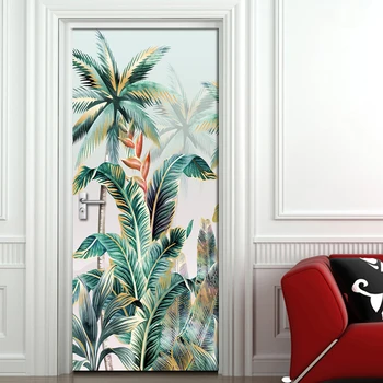 

Tropical Plant leaves Door StickerPVC Self-adhesive Waterproof Detachable Poster Wallpaper Living Room Bedroom Door Decor Decal