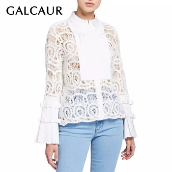 

GALCAUR Vintage Patchwork Lace Blouses For Women Lapel Collar Flare Long Sleeve Hollow Out Shirts Female Fashion 2020 New Tide