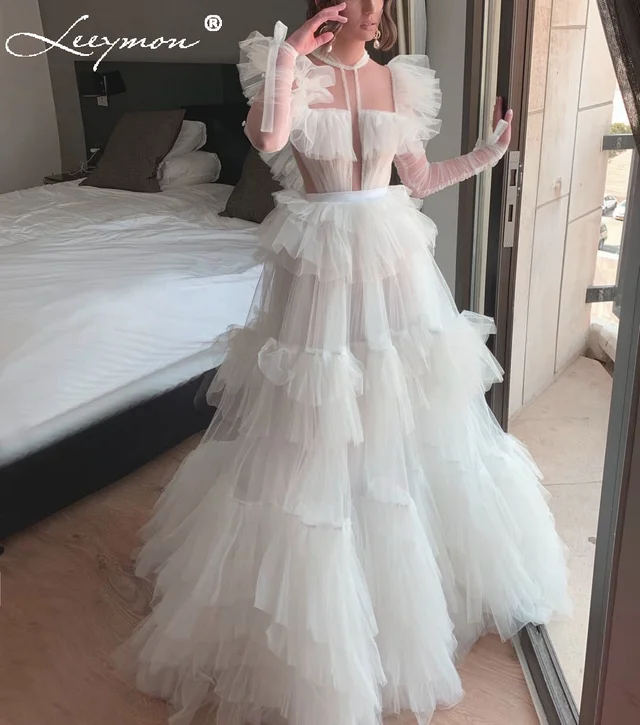 Leeymon New Design vestido de novia Evening Dress Ruffles Beading Crystal Custom Made Tiered Dress Prom Gown
