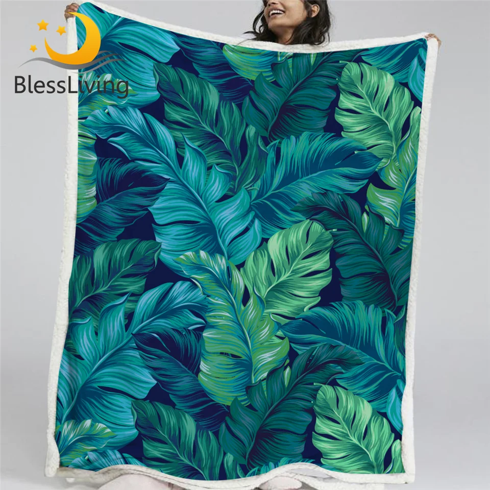 

BlessLiving 3D Palm Leaves Throw Blanket Tropical Leaf Sherpa Blanket Turquoise Green Soft Fleece Blanket Plush Bedspreads Koce