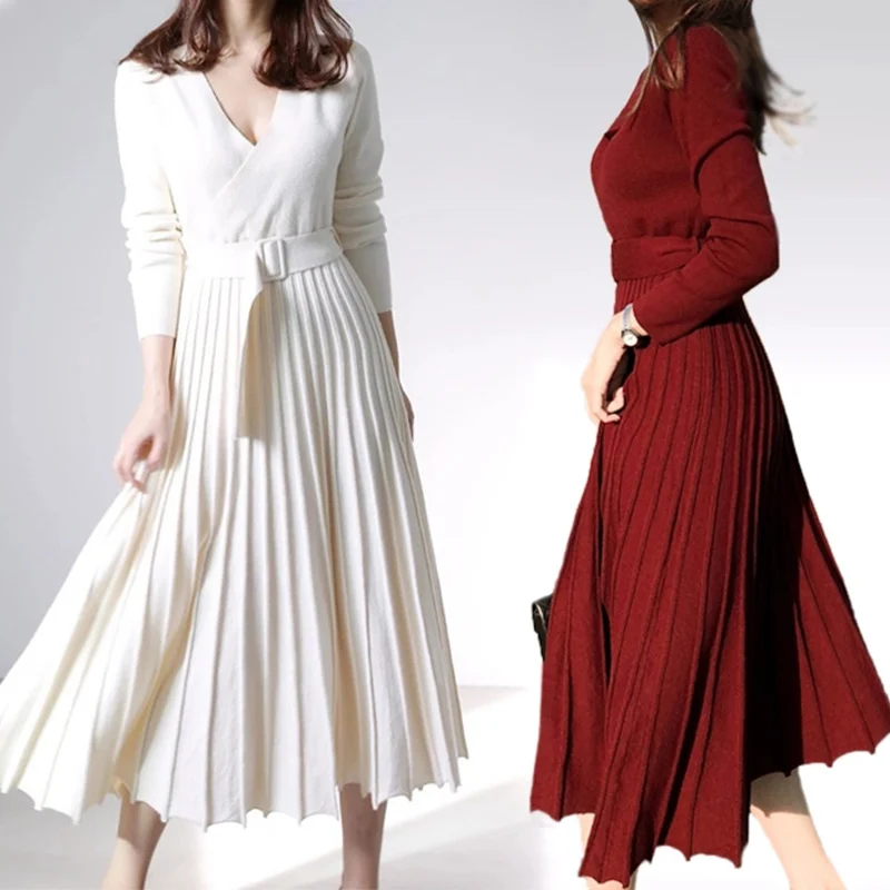 

Women Knitted Pleated Sweater Dress Long Sleeve V Neck Dress With Sashes 2019 Fall Winter Casual Elegant Thick Vestidos Female