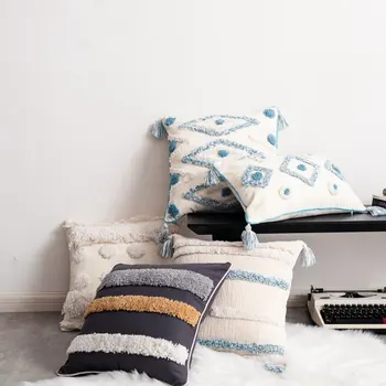 

Indian Style Handmade Pillow Cover Thread Embroidery Tassel Pure Cotton Cushion Cover Soft Fashion Sofa Home Decor Waist Pillow