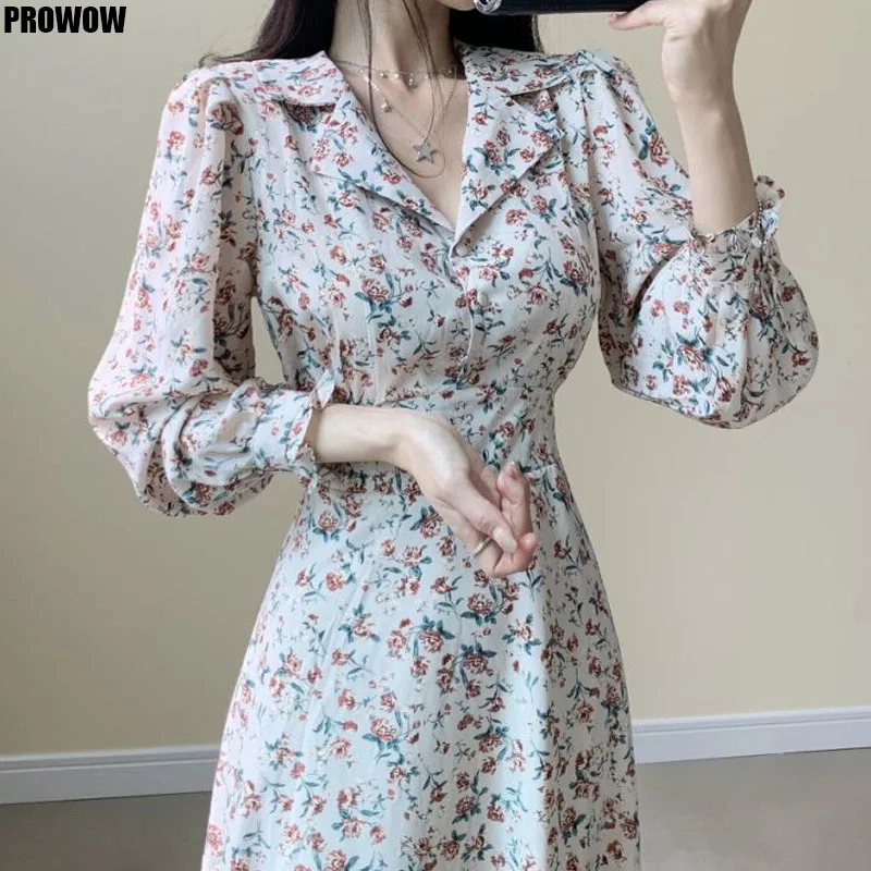 Chic Elegant Bohemian Floral Printed Dress Women 2020 Spring Puff Long Sleeve Office Chiffon Dress Korean Lady Dresses Vestido
