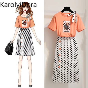 

2020 Summer Women Polka Dot Print 2 Piece Clothing Set Character Pattern Bow Tshirt Top+Button Split Bodycon Mid Calf Skirt Suit