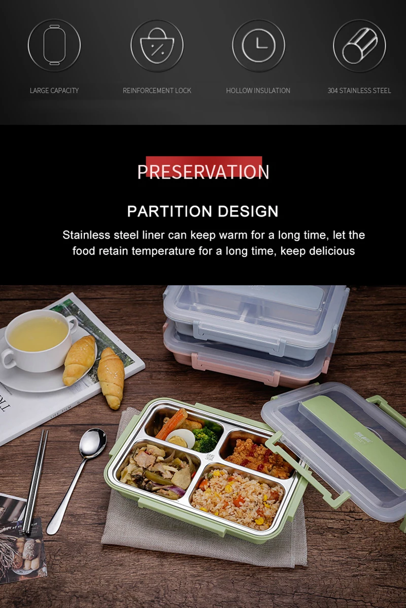 Stainless Steel Lunch Box Lid Dividing Insulated Leak Heat Preservation Multi Function Plate with Mobile Phone Holder N h1