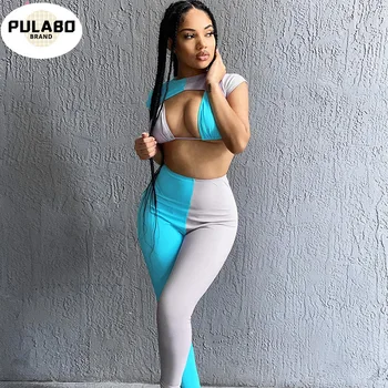 

Patchwork Sexy Tracksuit Women Fashion Sleeveless Crop Top Bra Leggings Elastic Hight Skinny Fitness Slim Holiday Clothing