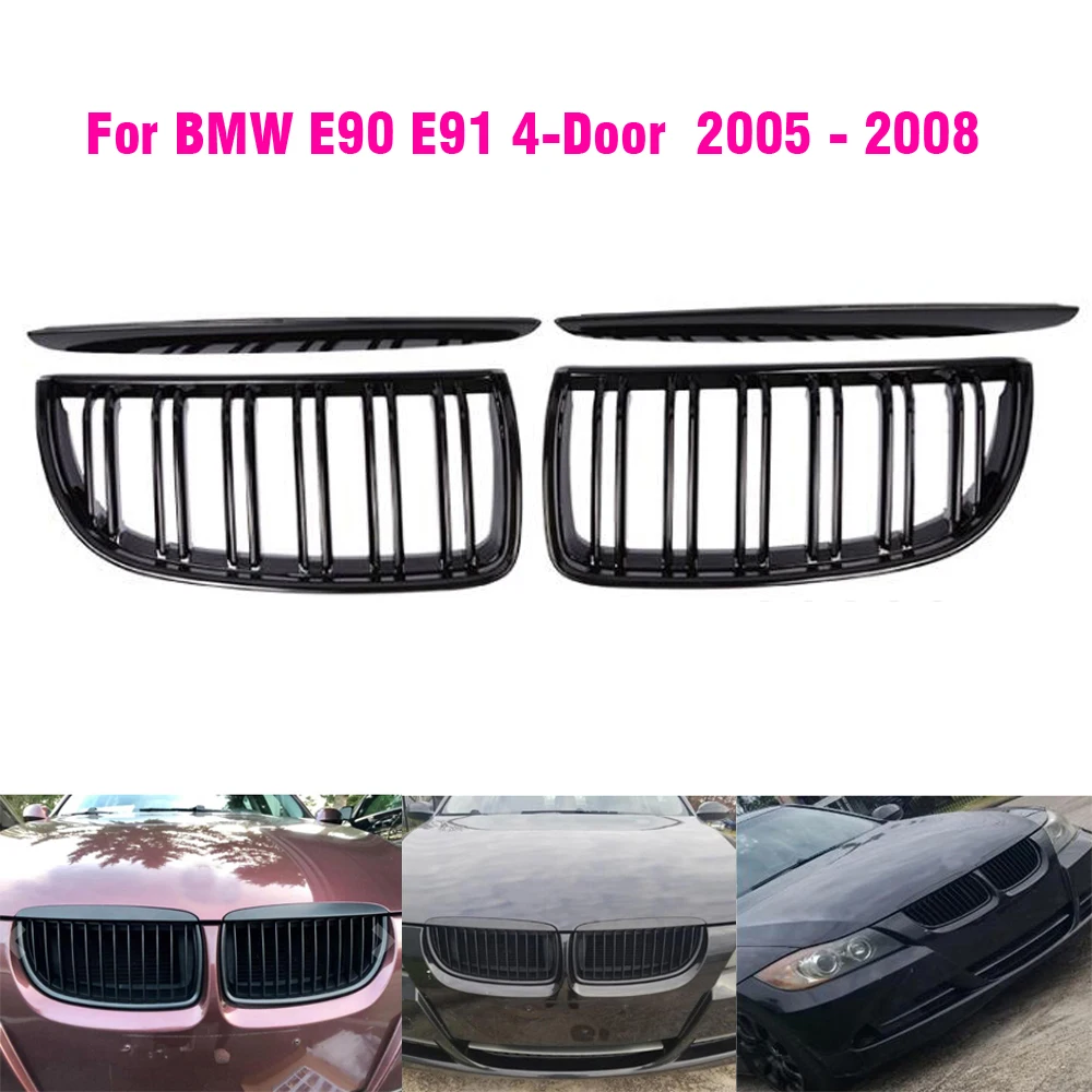 1pair Front Gloss Matt Carbon Black 2 Line Double Slat Kidney Grille Grill  For Bmw E90 E91 4 Door 2005 2005 2007 2008 - Racing Grills - AliExpress