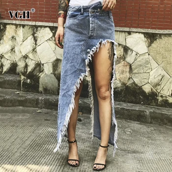 

VGH Irregular Demin Women’s Skirts High Waist With Pockets Long Asymmetrical Streetwear Skirt Female Summer 2020 New Clothing