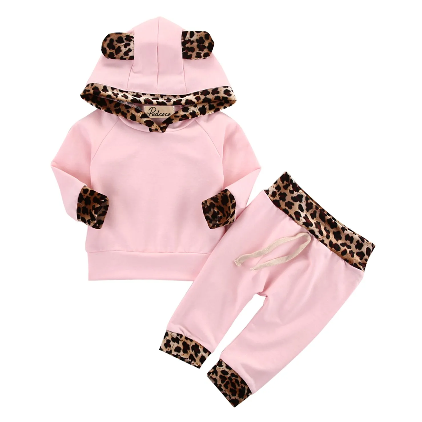 

2020 New Fall Autumn 0-24M Todder Baby Girl 2Pcs Set Pink Hooded Ears Leopard Brim Long Sleeve Sweatshirt+Pants Infant Outfits