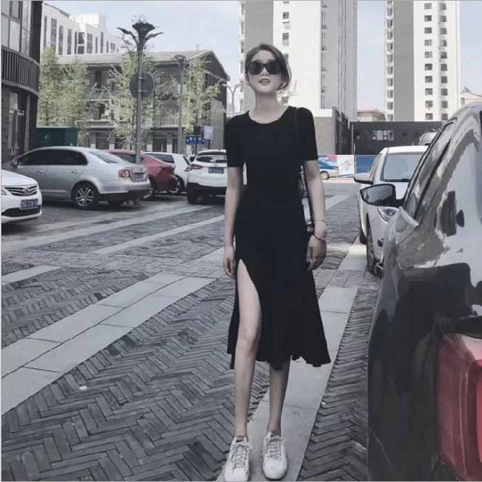 

2020 Summer Online Celebrity New Style Short Sleeve Black Slit Long Skirts Explicit Thin Scheming Dress Women's